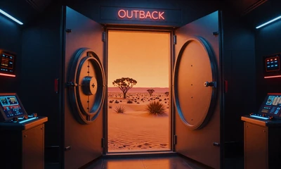 Cities After Midnight playlist update - digital playlist door opening to glowing orange global desert landscape