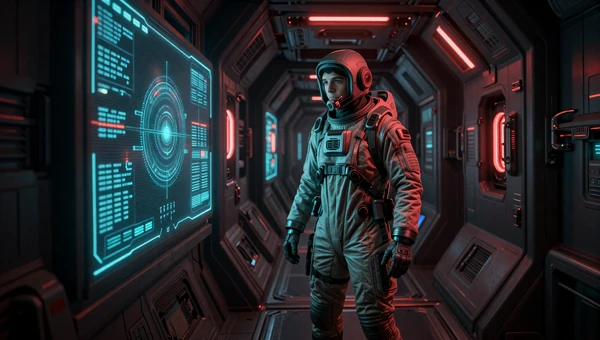 Alone Beyond the Airlock playlist - lone survivor in emergency-lit space station corridor with holographic displays