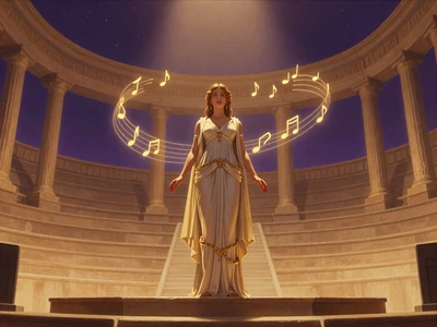 Musical narrative RPG - goddess figure on ancient Greek stage surrounded by magical golden musical notes