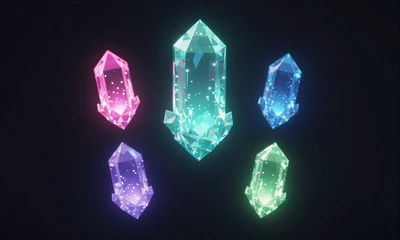 Just Added - five glowing neon gem crystals representing five hidden indie game discoveries
