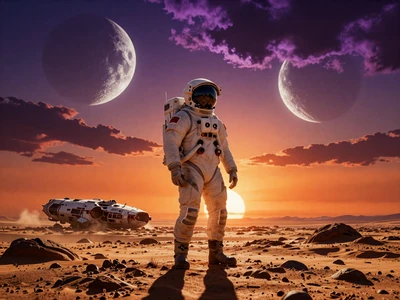 Sci-fi survival game - lone astronaut on alien desert planet under dramatic twin moons