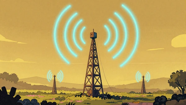 Small Studios, Sharp Ideas playlist - small radio tower transmitting colorful neon story waves in pixelated landscape