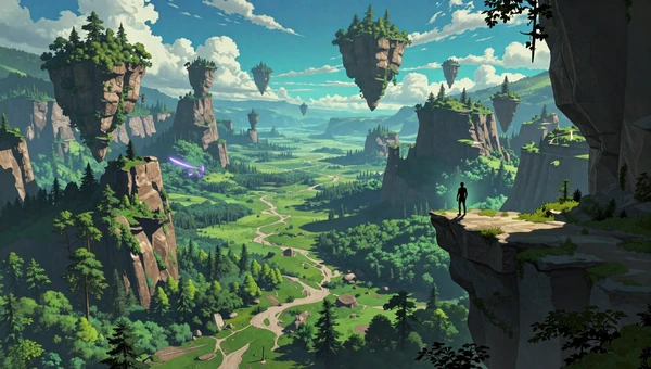 Take the Long Way playlist - vast fantasy landscape with floating islands seen from a mountain peak