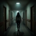 Horror game - eerie empty hospital corridor with flickering lights and atmospheric fog at night