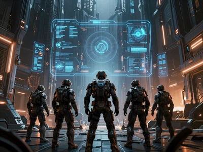 Tactical sci-fi strategy game - elite armored squad with holographic displays overlooking alien city ruins